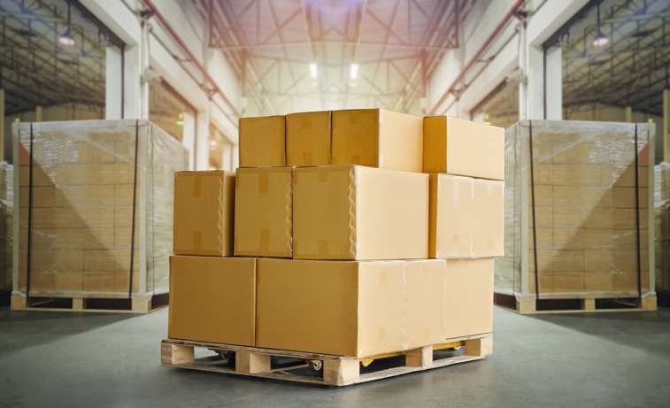 Packaging Boxes Stacked on Pallets in Storage Warehouse. Cartons Cardboard Boxes. Supply Chain. Storehouse Distribution. Shipping Supplies Warehouse Logistics.