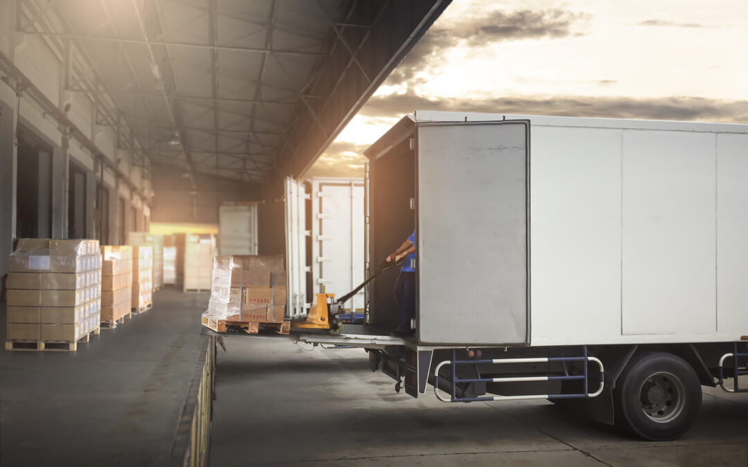 Package Boxes on Pallets Loading into Cargo Container. Trucks Parked Loading at Dock Warehouse. Delivery Service. Shipping Warehouse Logistics. Road Freight Truck Transportation.